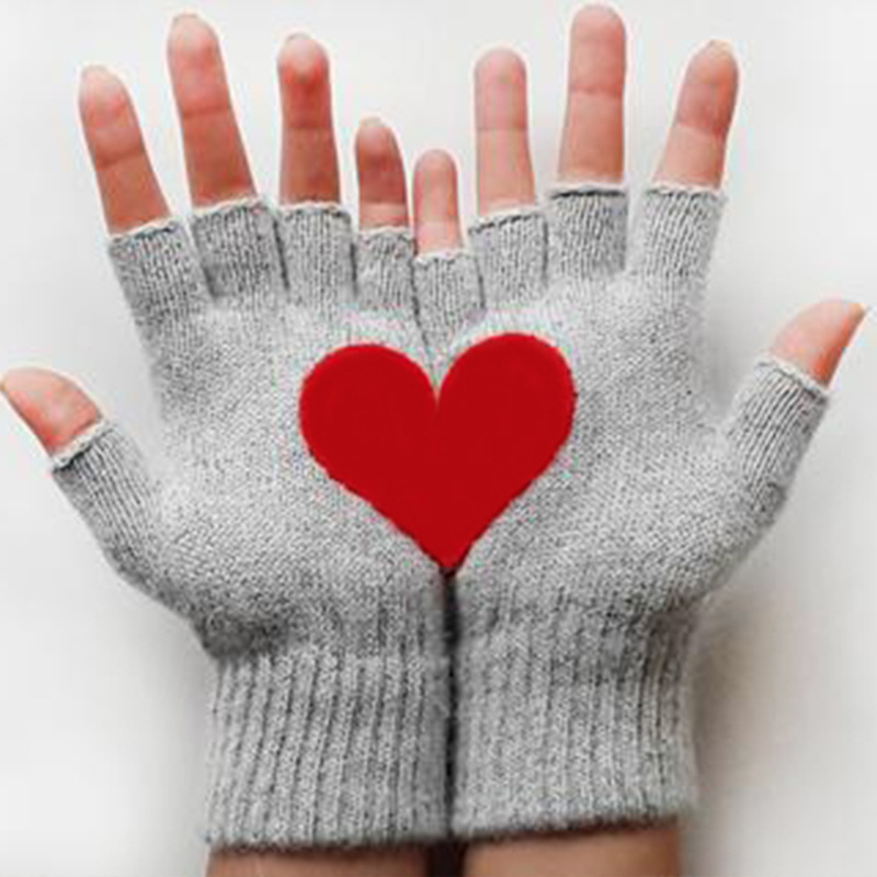 Women Woolen Cartoon Heart Outdoor Coldproof Half-finger Gloves